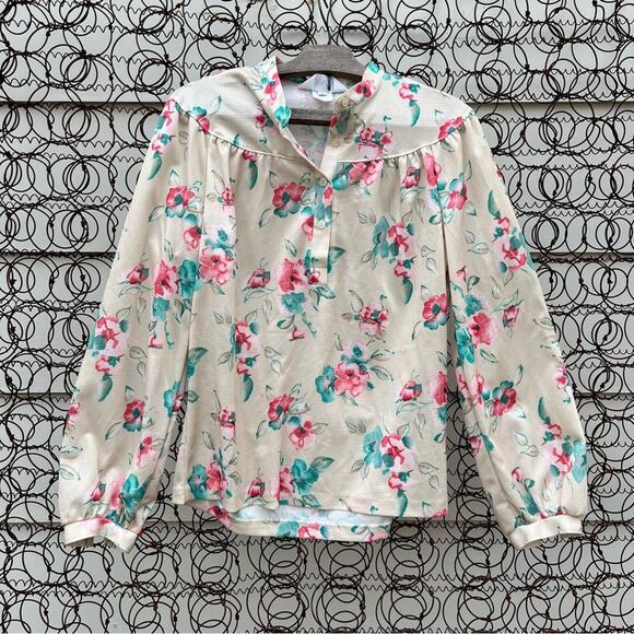 Vintage 60s DEVON butter cream pink green floral button down polyester blouse - Picture 1 of 6